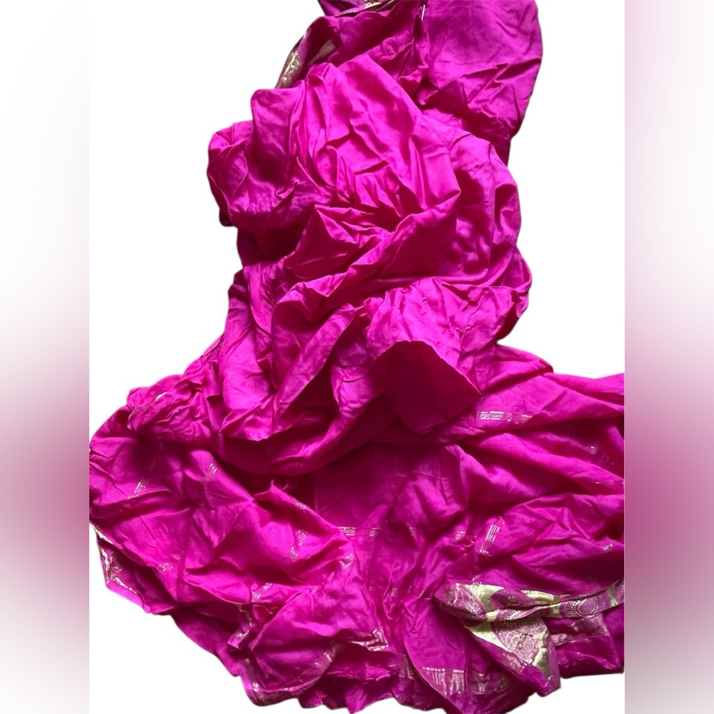 Long Silk Saree beutiful fuchsia Pink organza with gold yarn borders NEW